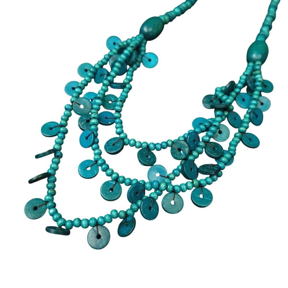 Boho Blue Wood Bead Multi-Strand Layered Statement Necklace Long 36"
